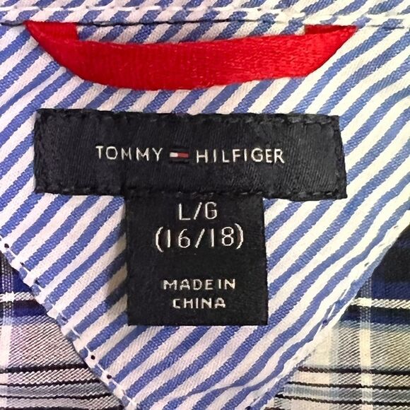 GORGEOUS Tommy Hilfiger Boys Large 14/16 Blue Grey White Plaid Button Down Shirt - Picture 8 of 12